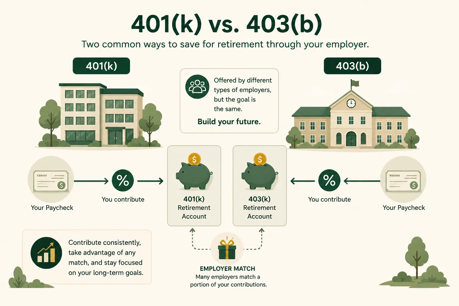 Illustration showing paycheck contributions flowing from employers into 401k and 403b retirement accounts.