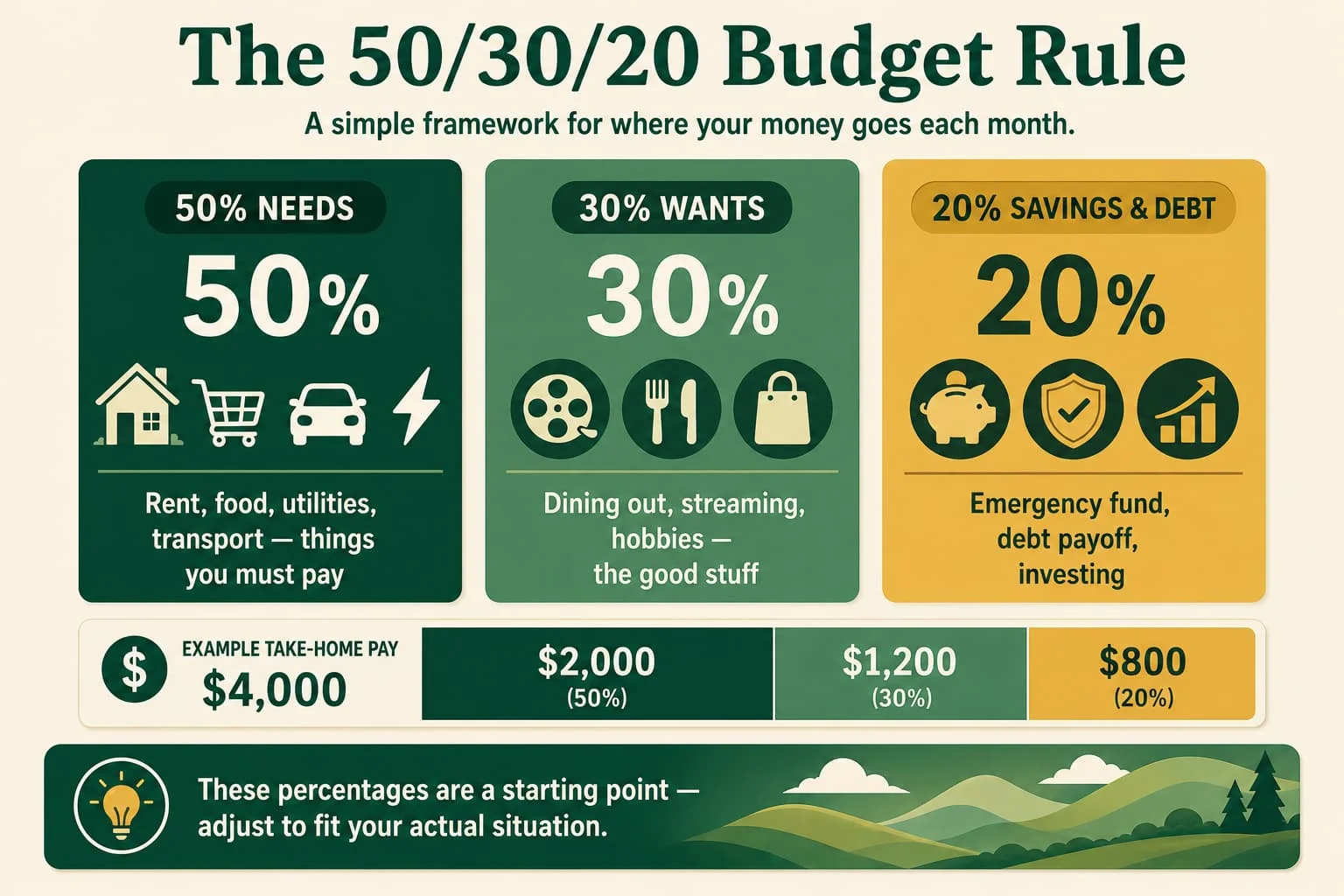 Infographic showing the 50/30/20 budget rule: 50% for needs such as rent, food and transport; 30% for wants such as dining and hobbies; and 20% for savings and debt payoff, with a $4,000 take-home example.