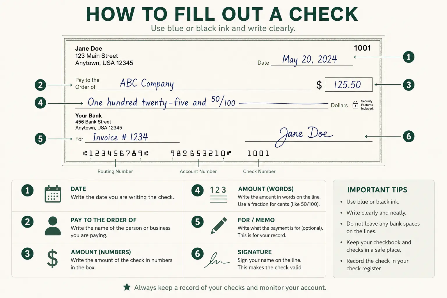 Instructional diagram showing the date, payee, dollar amount, written amount, memo, and signature fields on a check.