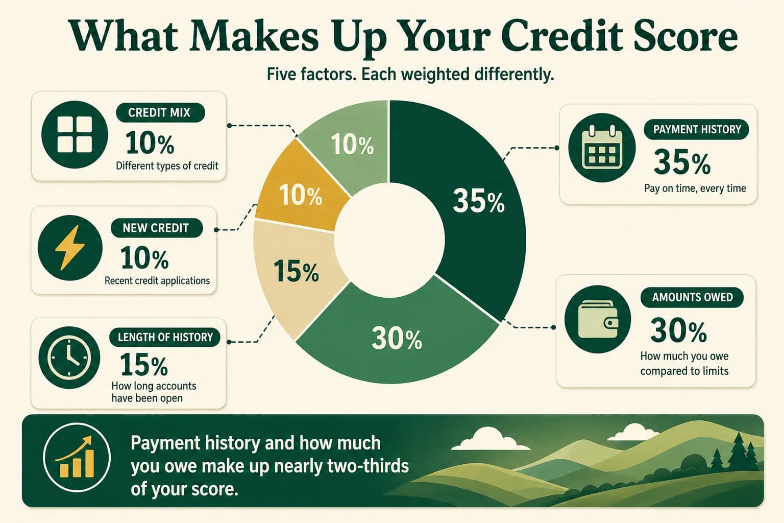 Donut chart showing the five factors that make up a credit score: payment history 35%, amounts owed 30%, length of credit history 15%, new credit 10%, and credit mix 10%.
