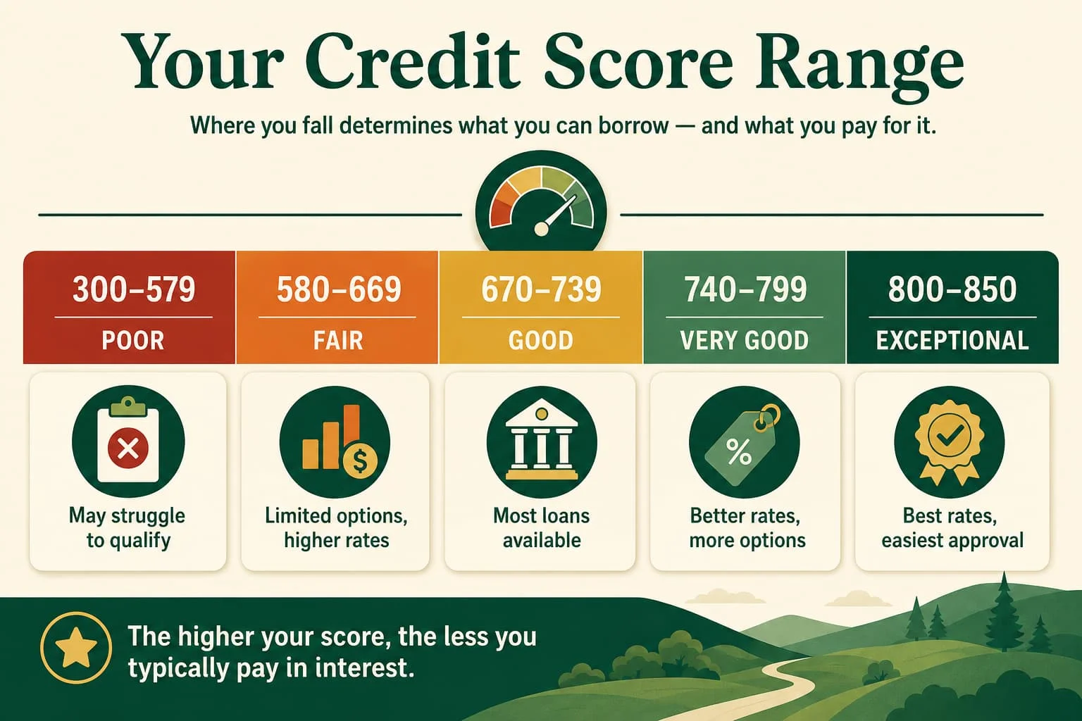 Infographic showing credit score ranges from 300 to 850 divided into five bands: Poor (300–579), Fair (580–669), Good (670–739), Very Good (740–799), and Exceptional (800–850), with a description of what each range means for borrowing.