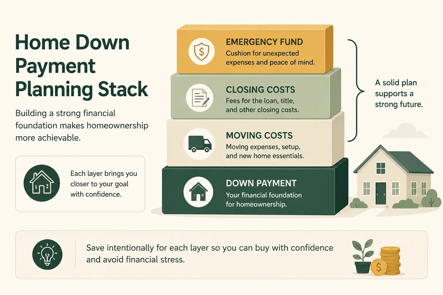 Illustration showing homebuying cash divided into emergency savings, closing costs, moving costs, and down payment.