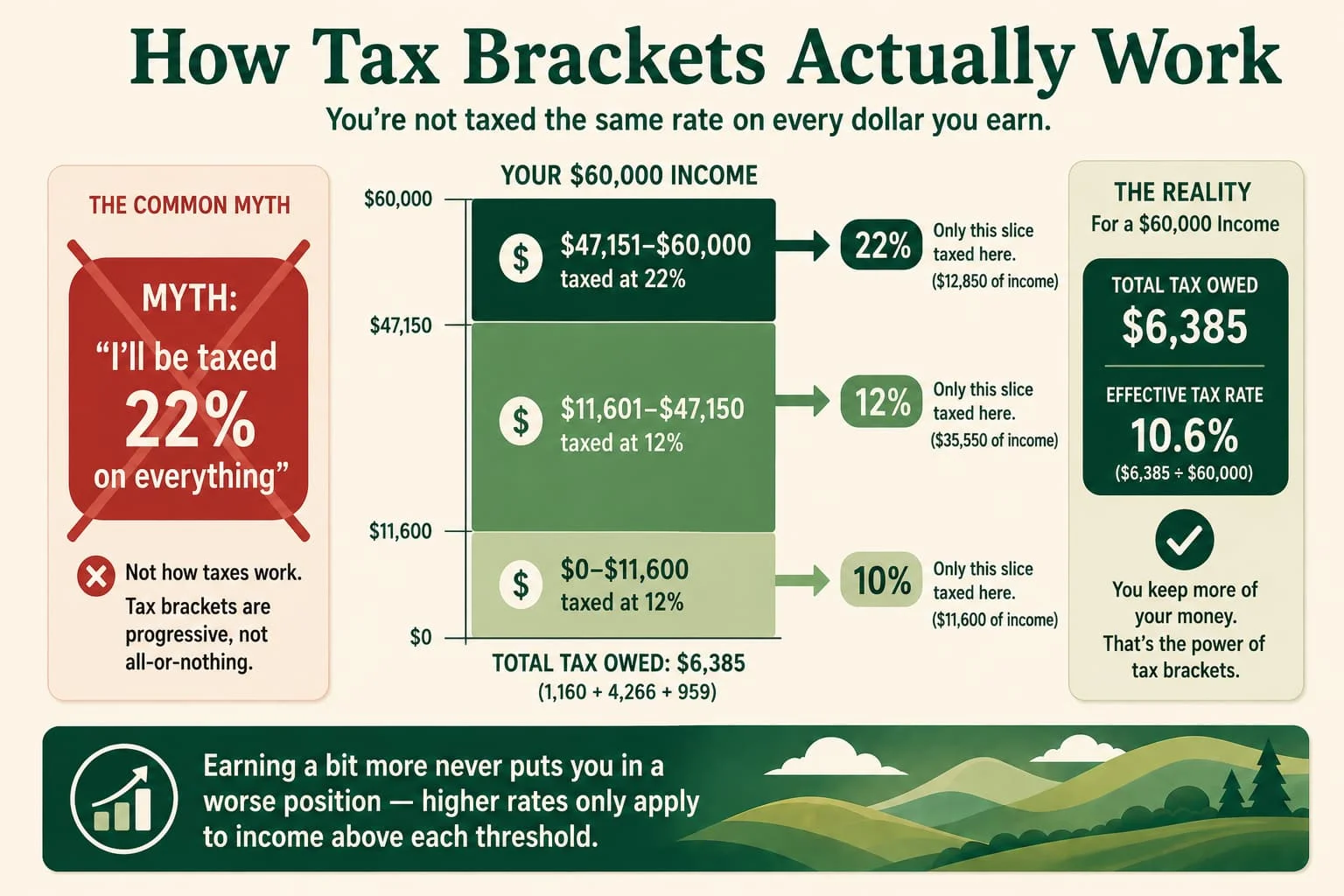 Infographic showing how marginal tax brackets work on a $60,000 income. The first $11,600 is taxed at 10%, income from $11,601 to $47,150 at 12%, and income from $47,151 to $60,000 at 22%, resulting in a total tax of $6,385 and an effective rate of 10.6%.